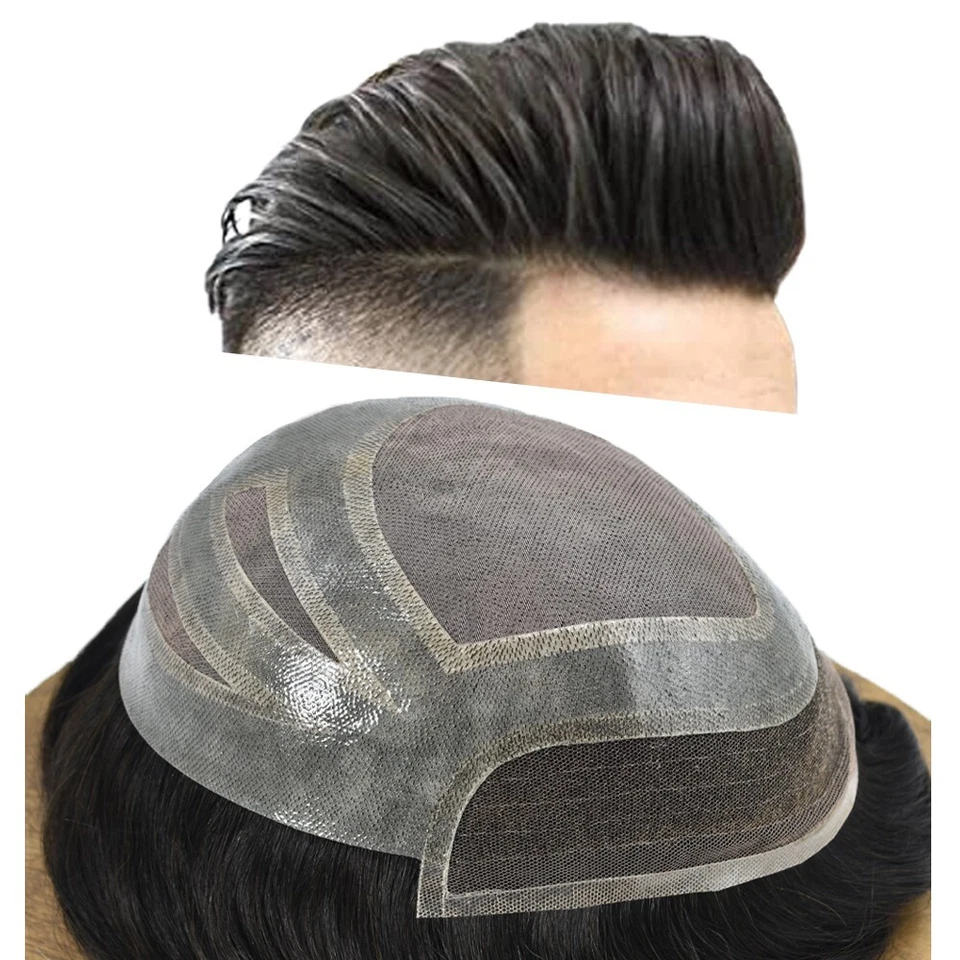 Swiss Lace Front Mens Toupee Hairpieces Mono Pu Hair Replacement System for Men - Image 2 of 4