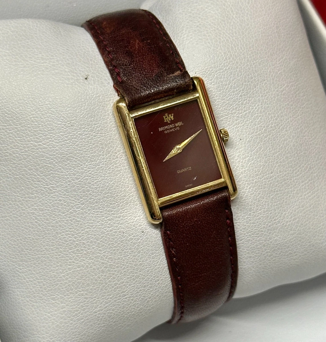RAYMOND WEIL Tank Style 18K Gold Tone w Red Coral Dial Watch 4
