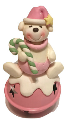The Krafts Factory Pink Baby Bear with Candy Cane on Bell Clay Metal Ornament