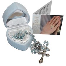 Christening Baptism Blue Rosary Beads With Heart Gift Box