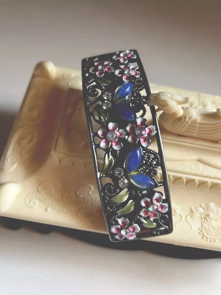 Vtg 2 Lrg 4” Butterfly HAIR BARRETTES CLIPS Crystal Moonglow & Enamel Flowers - Image 2 of 4