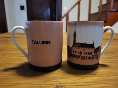 Tallinn Estonia Mug cup vintage hand painted set of (2) 3-3/4  tall by 2-15/16 