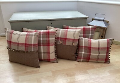 Balmoral Cranberry red beige Tartan Check tweed Decorative Scatter