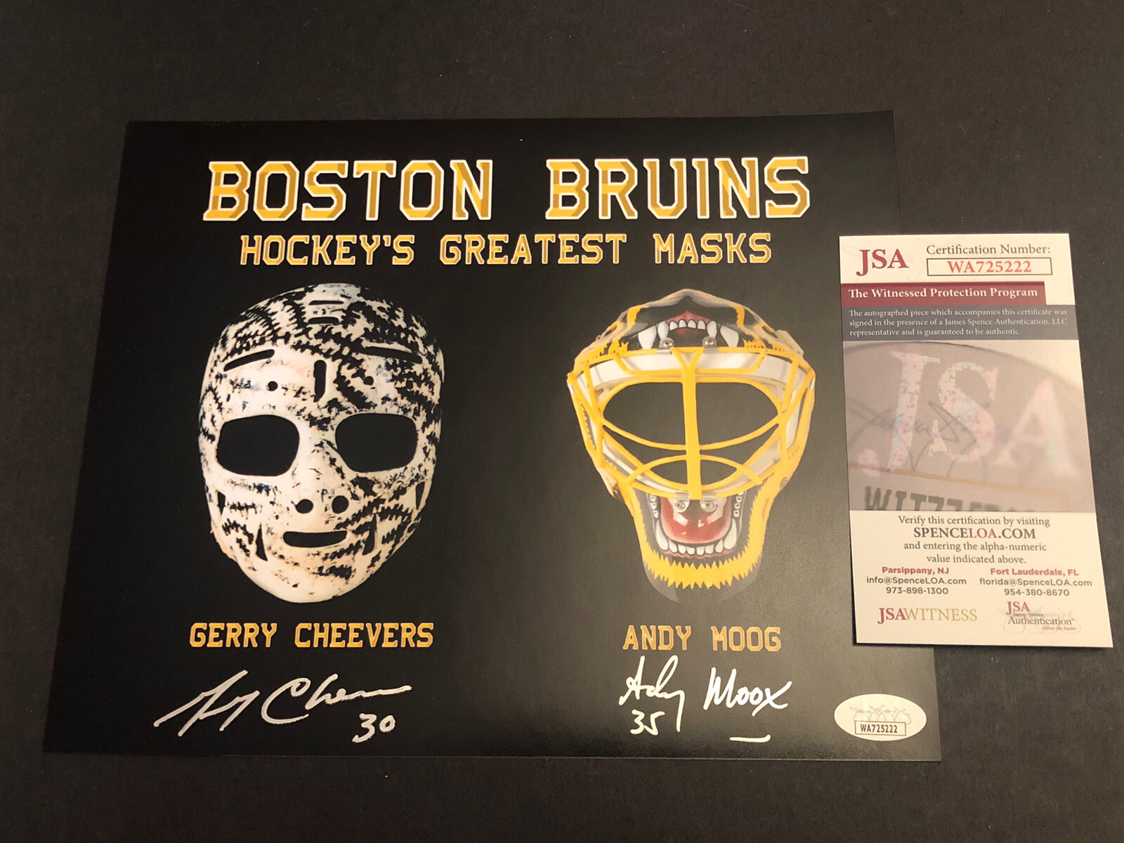 Gerry Cheevers Autographed Signed Boston Bruins JSA & ANDY MOOG 8x10 GREATEST MASKS PHOTO 222 