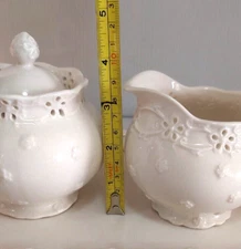 Grace's Teaware White Creamer and Sugar Set with Lid Floral Cutouts EUC