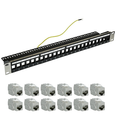 19'' Patchpanel 24 Port 1 HE Verteilerfeld + RJ45 Cat.6A Keystone Jack10 Gigabit