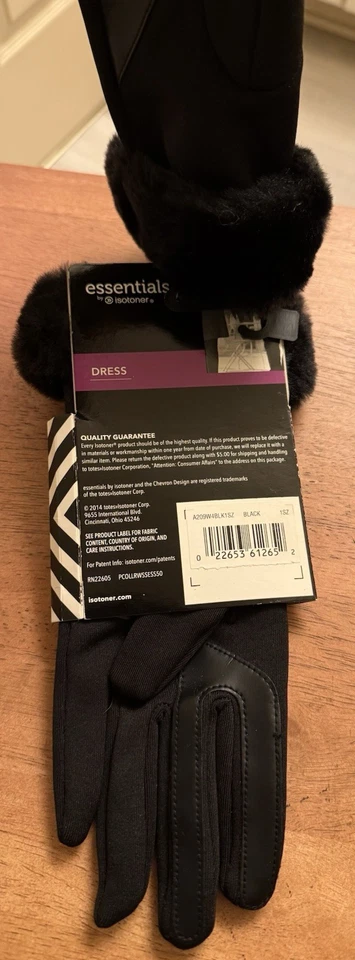 Essentials By Isotoner  Lined BLACK Women's One Size Gloves Faux Fur Cuffs New - Image 3 of 4