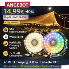 2000mAh Camping Lichterkette Aufrollbar Wasse...