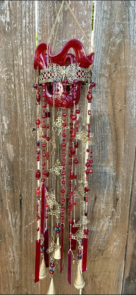 Lámpara de araña estilo Murano de vidrio dorado rojo mariposa campana de viento para velas o pájaros Foto 2 de 4