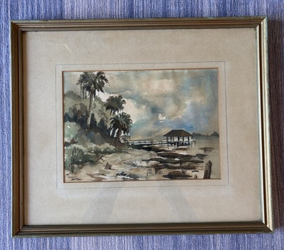 #ad Robert Whitmer Signed Framed Watercolor Bayfront Landscape Sarasota FL 1953 $250.00