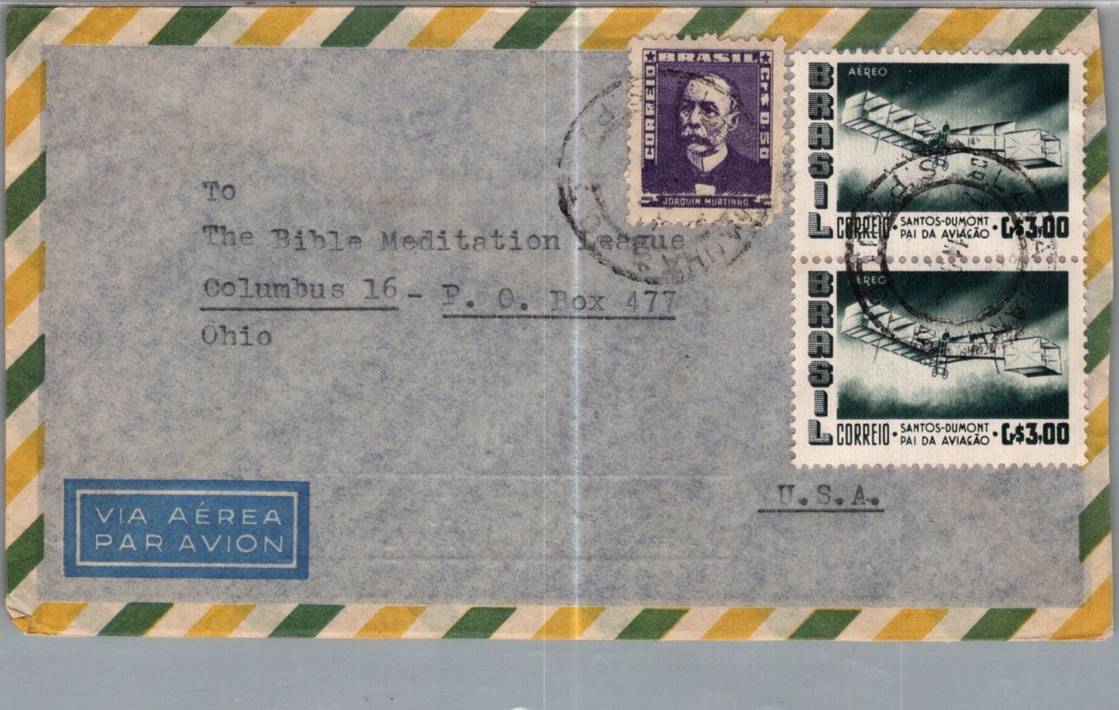 BRAZIL 1950'S POSTAL AIRMAIL COVER MULT FRANK ADDR USA & POSTMARK