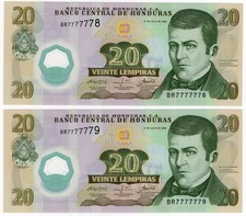 HONDURAS P-65c 20 Lempiras 2008 UNC Semi Solid Consecutive Serie BR7777778 and 9