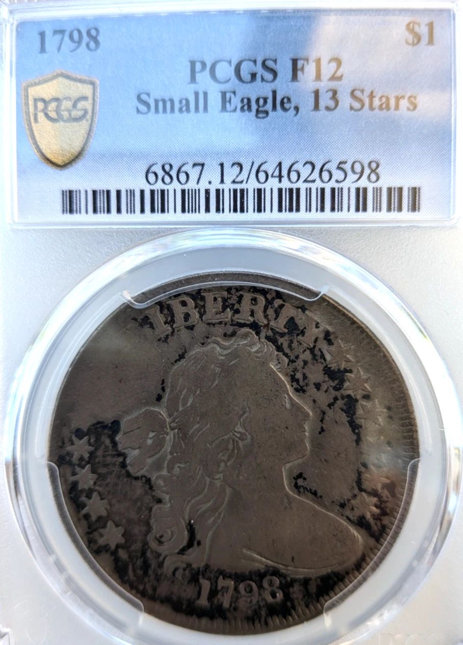 1798 $1 Draped Bust Small Eagle dollar PCGS F12, 13 Stars variety