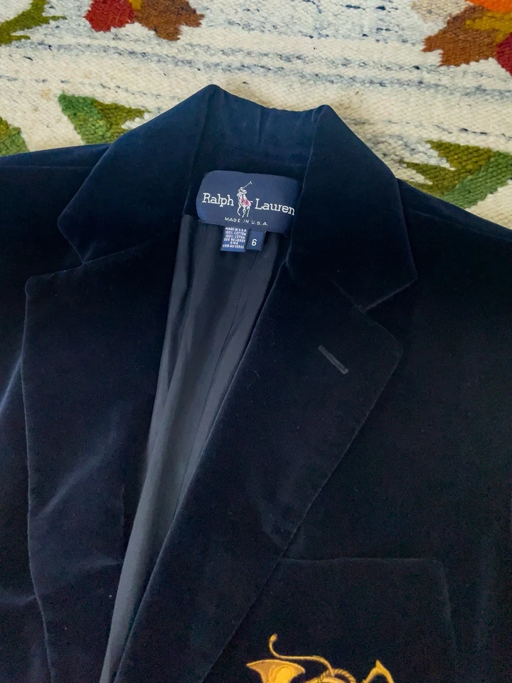 RALPH LAUREN Navy Blue Velvet Fox & Horn Crest Tuxedo Dinner Blazer Jacket Sz 6 - Image 3 of 4