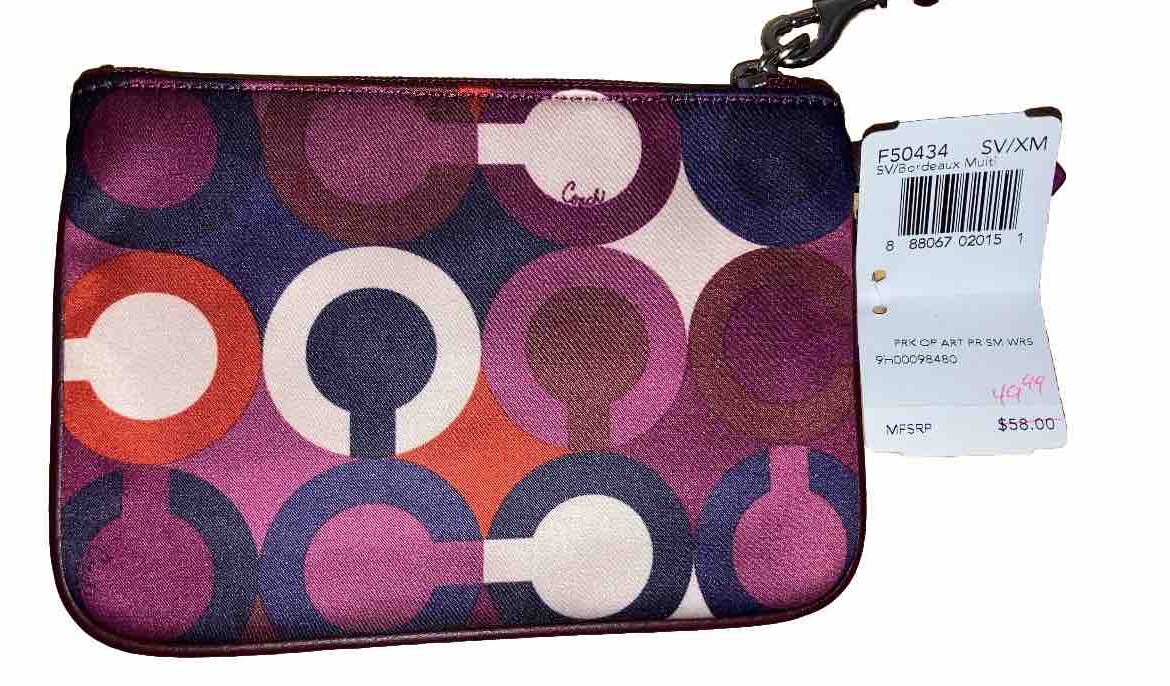 Coach Parker Op Art Wristlet F50434 Bordeaux Multi Satin Zip Pouch 