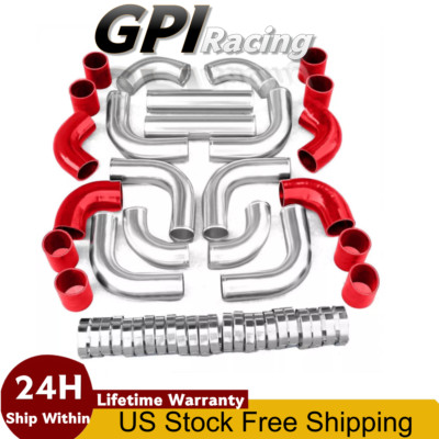 Universal 2'' 51mm Aluminum Intercooler Turbo Pipe piping Kit + RED Hose + Clamps