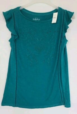 Ann Taylor LOFT Sz S Green Cotton Short Flutter Sleeve Embroidered Top  (G9)