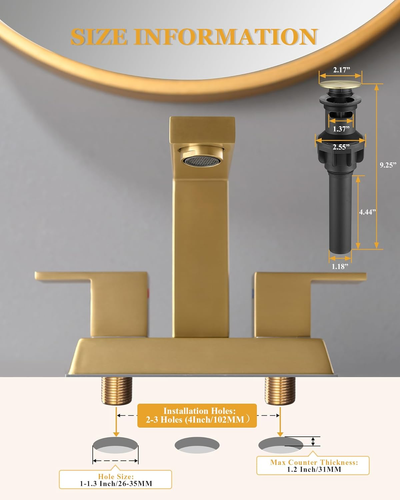 Gebürstetes Gold 2 Griff 4 Zoll Mittel Bad Wasserhahn mit Pop Up Ablauf und 2 L - Bild 6 von 9