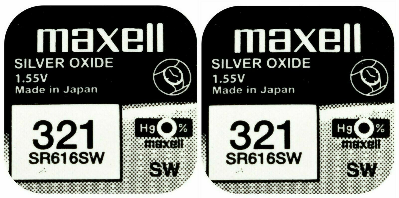 2 x Maxell 321 Pila Batteria Orologio Mercury Free Silver Oxide SR616SW 1.55V