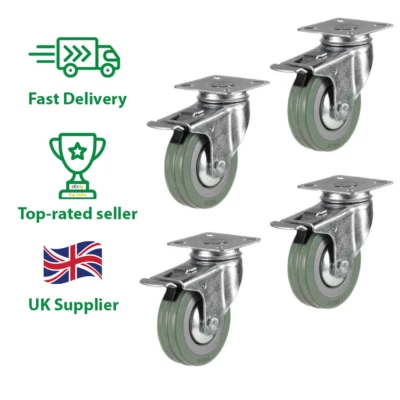 ATLAS HANDLING UK LTD Heavy Duty 75mm Trolley/Furniture Castors 4x PU Non-Marking Braked 150kg Set