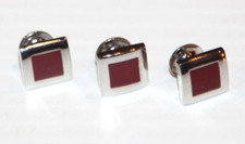 Vintage MCM Deco Silver Tone Coral Red Tuxedo Stud Button Cufflink Set Of 3