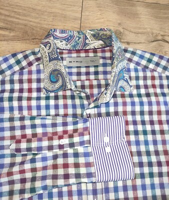 ETRO Milano Mens Paisley Cotton Check Multicolor Long Sleeve Shirt Size 44
