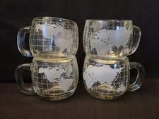 Set of (4) Vintage Nestle Nescafe Etched Clear Glass World Globe Coffee Mugs Cup