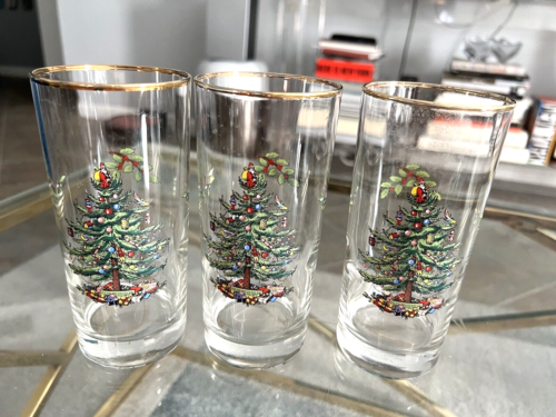 Spode Christmas Tree Glasses Tumblers Highball Gold Rim Super CLEAN Bright Set 3 - Picture 1 of 4