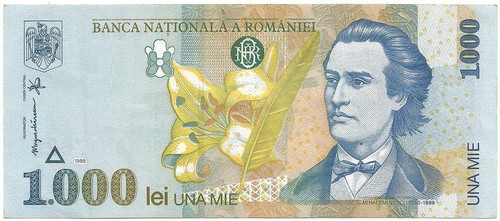 RUMANIA 1998 Ligeramente Circulada Crispy ""1000 LEI"" Nota ESPECTÁCULOS Poeta MIHAI EMINESCU - Imagen 2 de 3