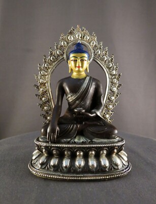 Gold Face Paint Lord Shakyamuni Buddha Silver Oxide Copper Statue Sculpture free