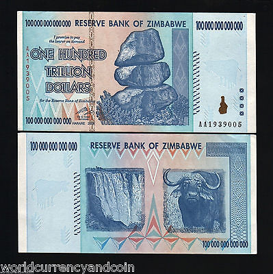 ONE Zimbabwe 100 Trillion Dollar Note AA 2008 series UNCIRCULATED