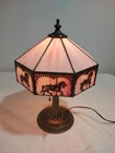 Vintage Tiffany Style Horse Carousal Pink Lamp Brass  Bottom RARE Read