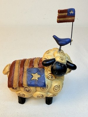 Suzi Skoglund Patriotic Sheep Americana Folk Art Figurine Bird W/ Flag