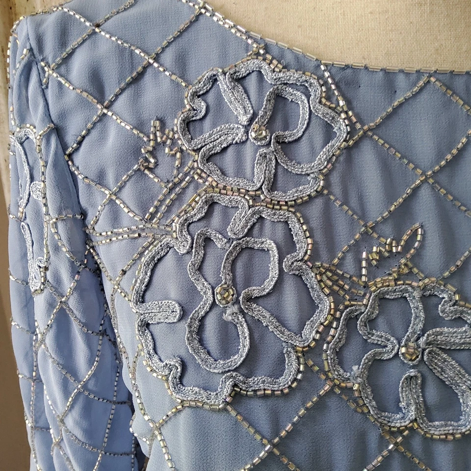 JS Collections Lauren A-Line Gown Short Flutter Sleeves Floral Beaded Motifs - Image 4 of 4