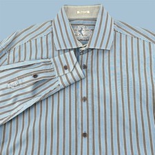 BUGATCHI Shaped Fit Mens Light Blue Stripe Gingham Dress Shirt Long Sleeve L