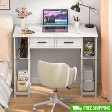 White Writing Desk W/ Storage Shelves Dual Fabric Drawers Sturdy Home Office New