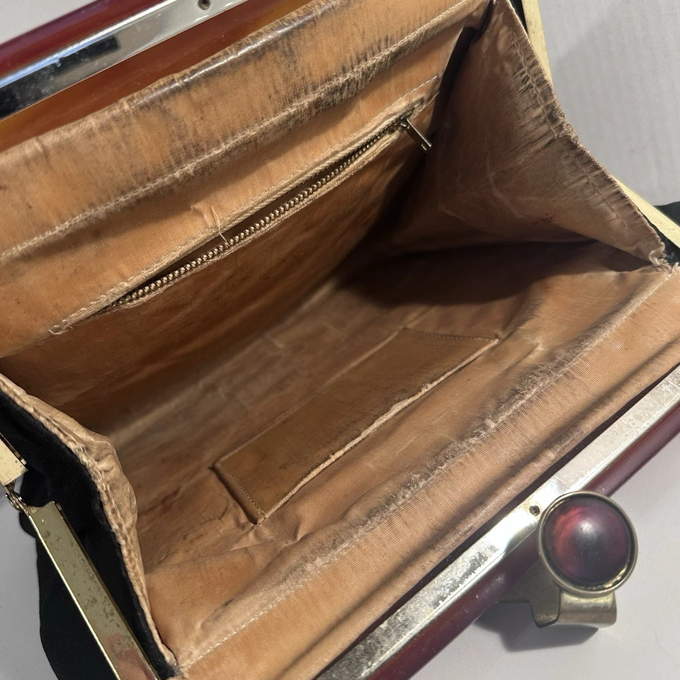 Bolso de mano bordado a mano floral de lino baquelita a presión años 30 bolso sin asas de colección Foto 3 de 4