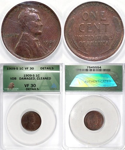 1909-S VDB Lincoln Cent ANACS VF 30 Details Damaged Cleaned