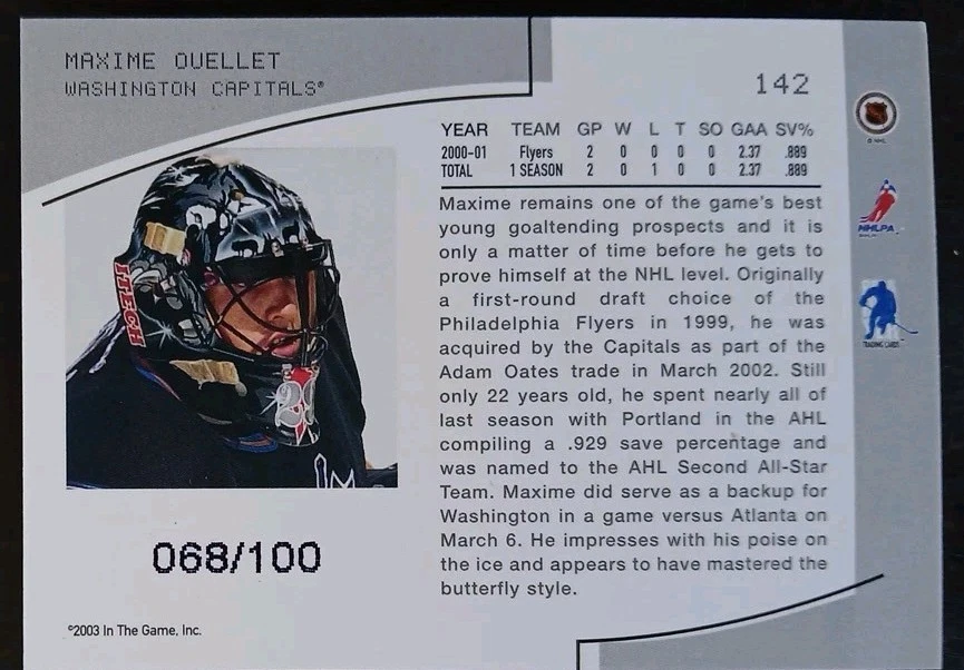 2003 - 2004 ITG Be A Player Maxime Quellet Between The Pipes Sapphire /100 #142 - Image 2 of 2