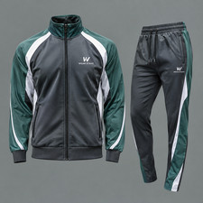 Men's Athletic Tracksuit Set Jacket Pants Charcoal Green Sportswear Training