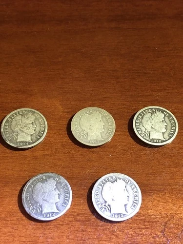 Lot of (5) U.S. Silver Barber Dimes - Circulated No Reserve! Silver is Hot!!!!