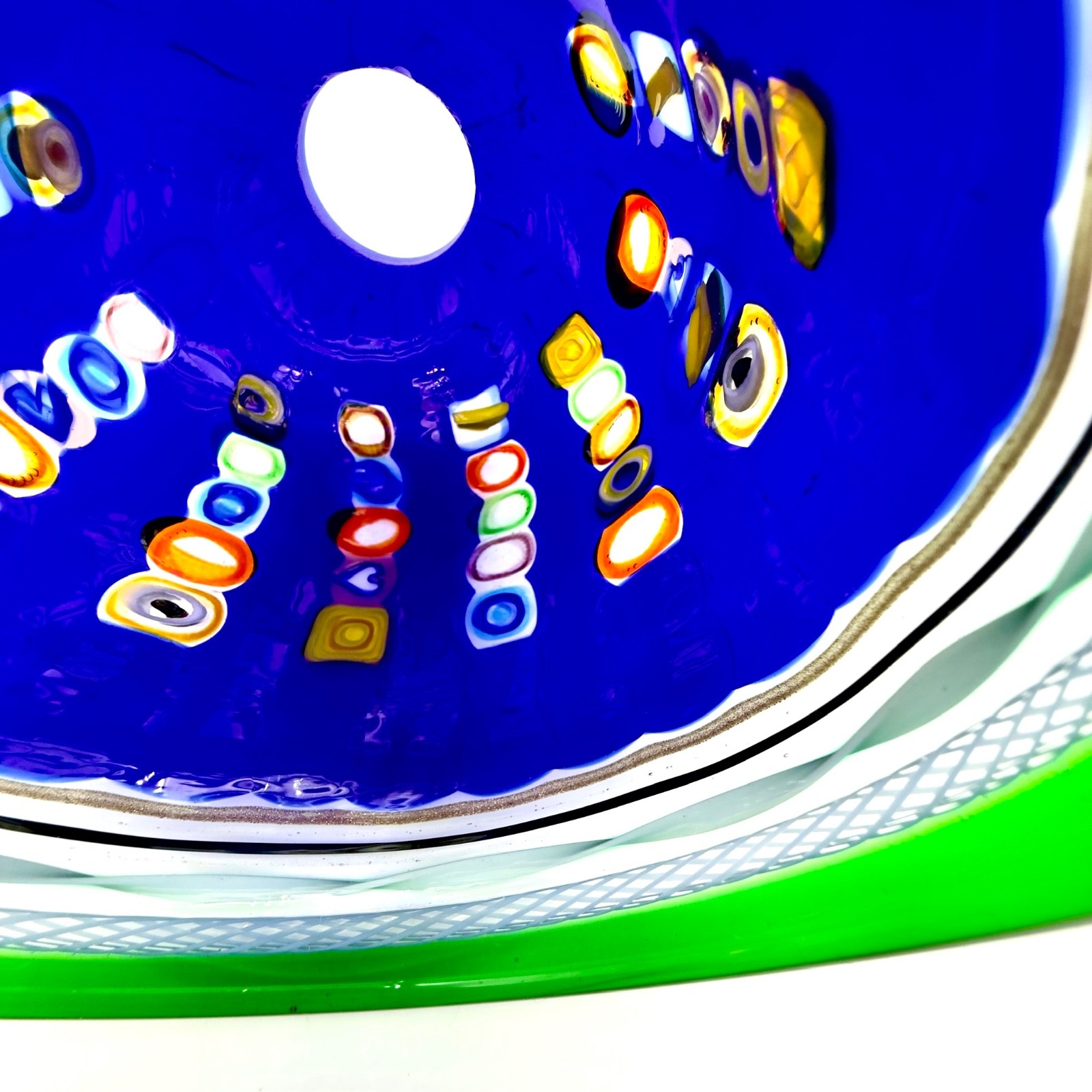 Murano Style Blue Murrine Millefiori Art Glass Pendant Lamp Shade Green Rim MCM