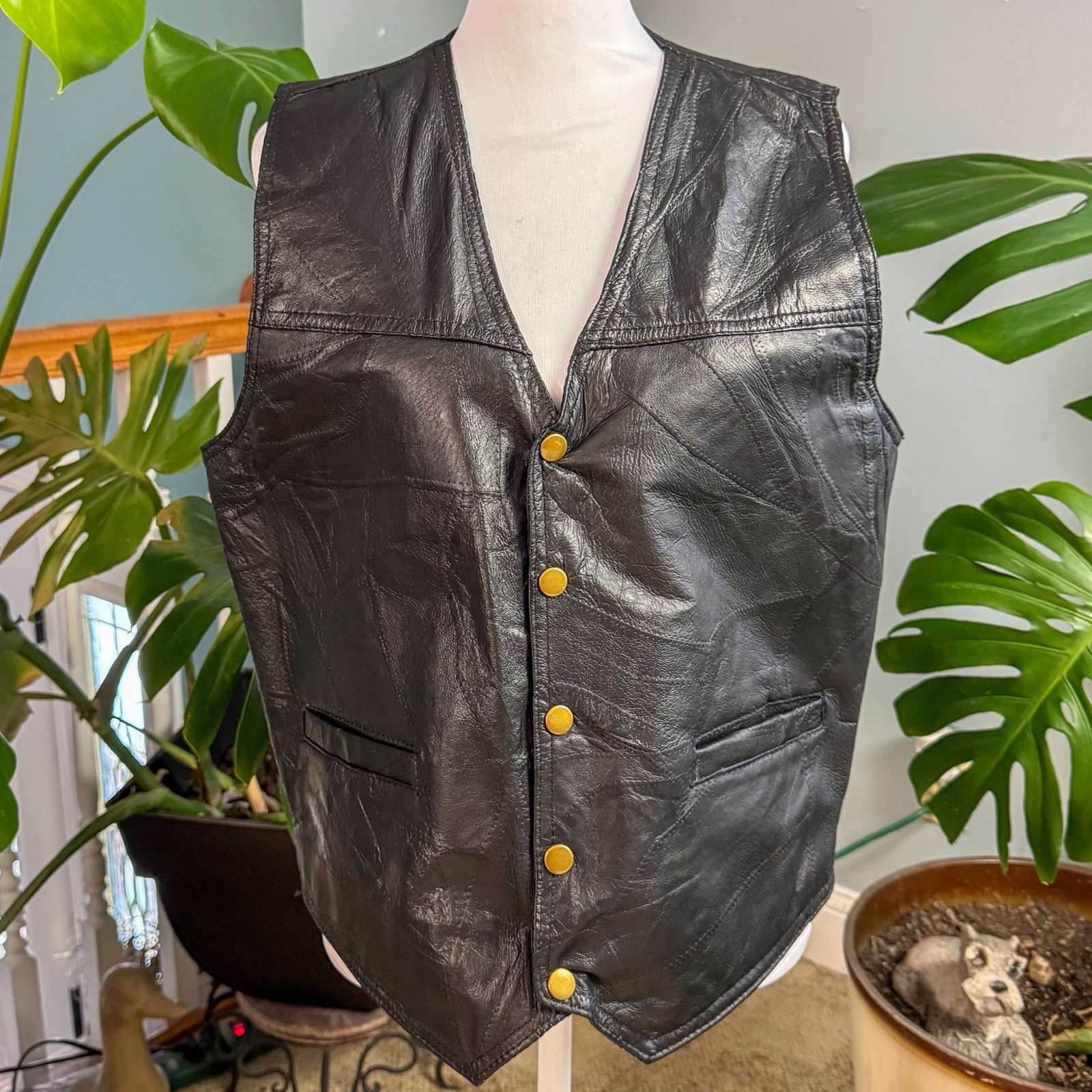 Vintage Black Leather Patchwork Snap Button Vest … - image 2