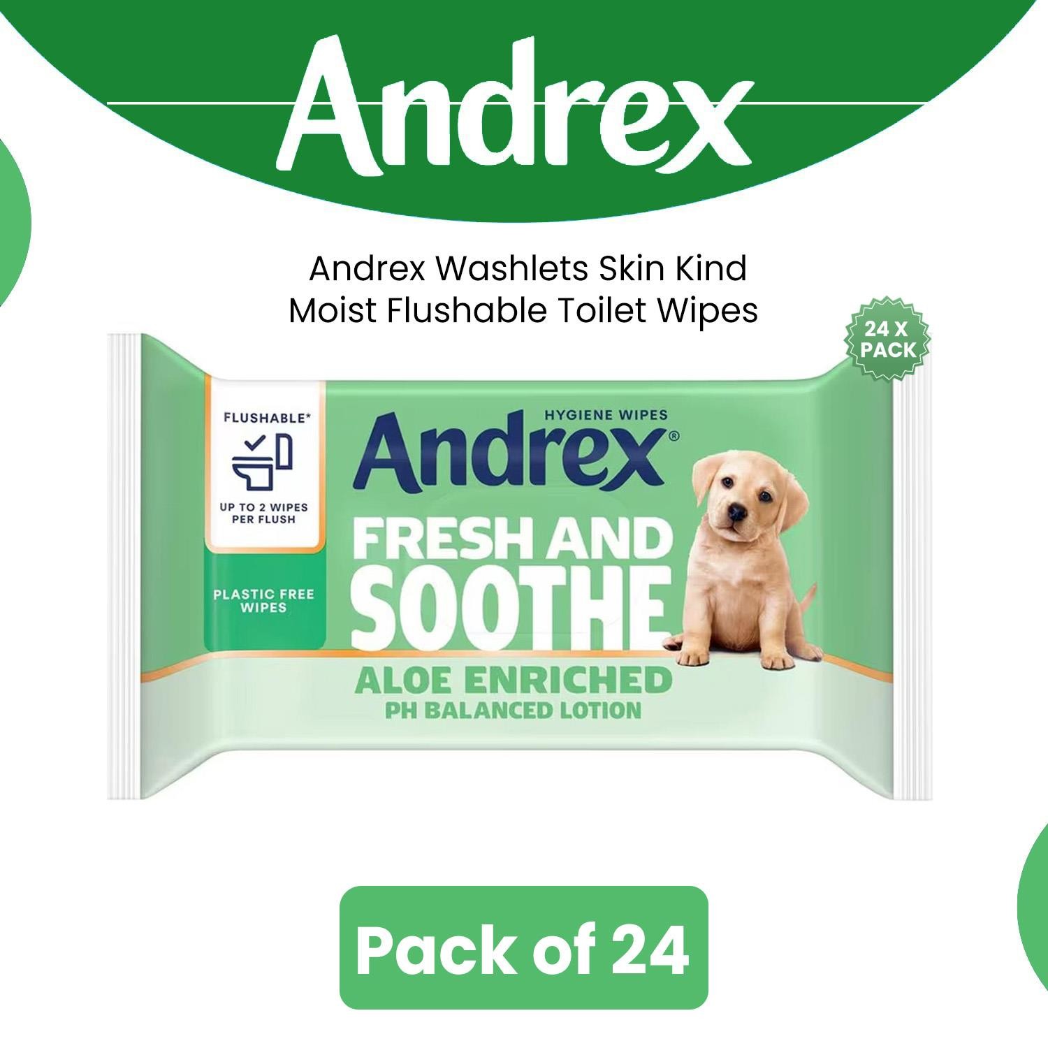 Andrex Skin Kind Moist Flushable 864 Toilet Wipes Prebiotic Lotion 24 Pack
