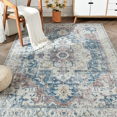 5x7 Vintage Oriental Area Rug Washable Non-Slip Indoor Bedroom Orange Navy Blue