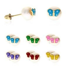 Kids 14K Yellow Gold Enameled Butterfly On White Pearl Screw Back Stud Earrings