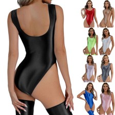 Women's Glossy One Piece Swimsuit Sleeveless Backless Bikini Leotard Bodysuits