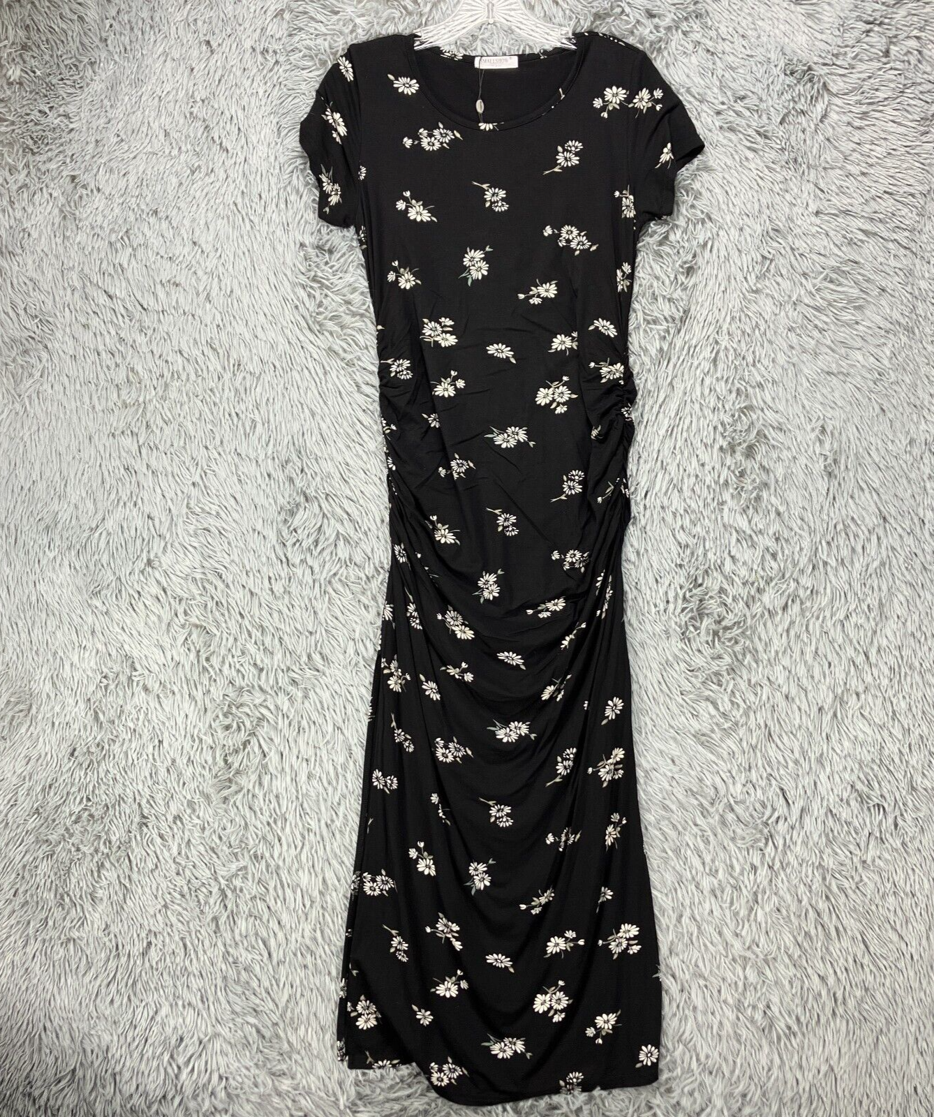 Smallshow Maxi Dress NWOT Women's S Black Floral Ruched Side Slit Stretch Casual-image