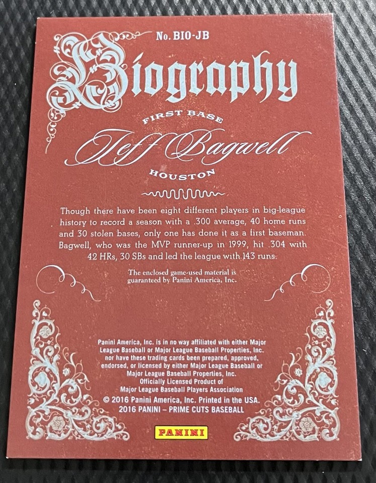 2016 Panini Prime Cuts 45/49 Jeff Bagwell Astros Biography Game Bat 