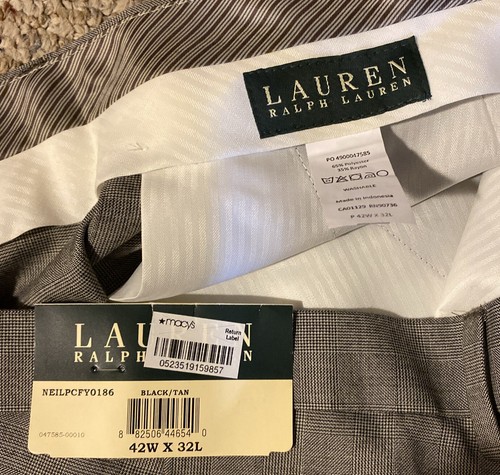 NWT NEW Lauren Ralph Lauren Classic-Fit Plaid Dress Pants Mens 42x32 Black/Tan - Picture 11 of 12